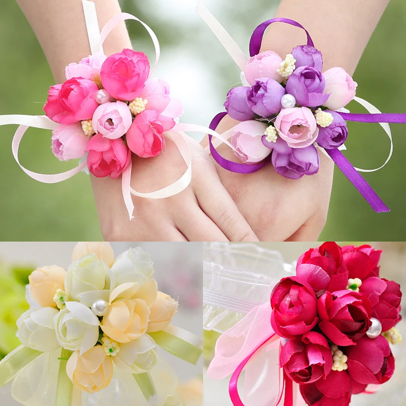 

Rose Flowers 1PC Silk Pearl Party Bridesmaid Artificial Flower Wedding Decoration Wrist Flowers Bride Ribbon Corsages 5 Colors