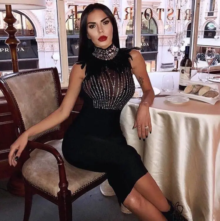 

Top Quality Sexy Turtleneck Beading Feather Black Bandage Dress 2018 Knitted Elegant Designer Party Dress