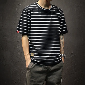 

2019 summer new striped short sleeved men t shirt plus fat large size loose slim fat clothes harajuku streetwear tshirt men