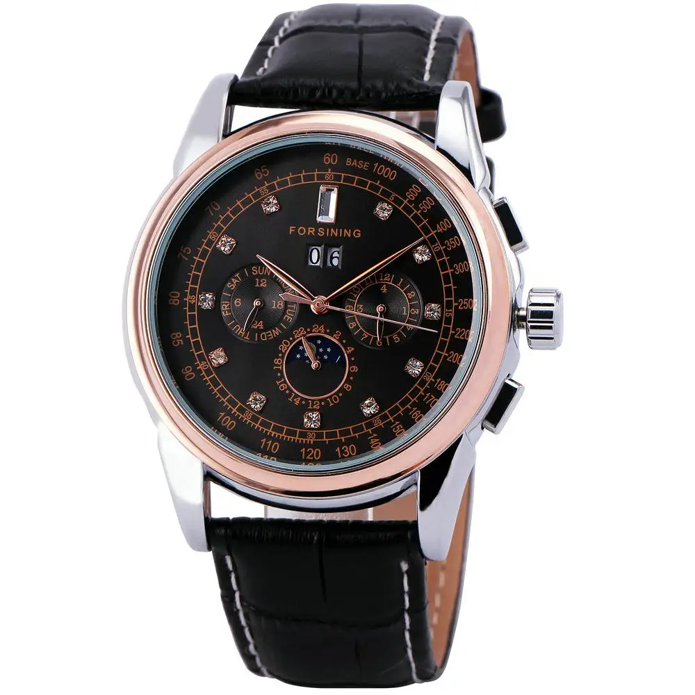 Winner Men Automatic Mechanical Watch Leather Strap Rhinestone Decorated Supersize Case Business Box