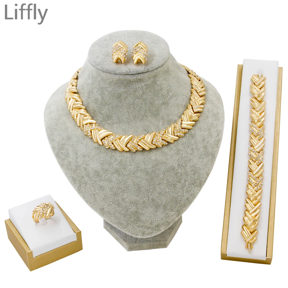 Baratos Liffly de Dubai conjuntos de joyas de oro de pulsera de collar de cristal de boda joyería de moda de las mujeres conjunto de