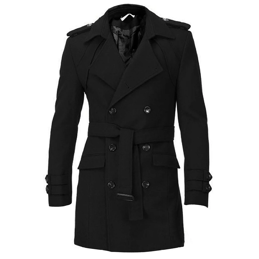 SAF Men Epaulets Slim Fit Double Breasted Belted Worsted Coat 2 COLORS