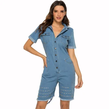 

2019 Summer Playsuit Fashion Casual Sexy Slim Hole Denim Bodysuit Solid Polo Neck Short Sleeve Large Size Women Jumpsuit CW712