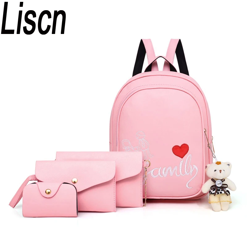 

2018 New Gift Bear Women's Backpacks Fashion Lady Embroidery School Bag 4 piece Set Chains Crossbody Bag Travel Backpack PUBGS