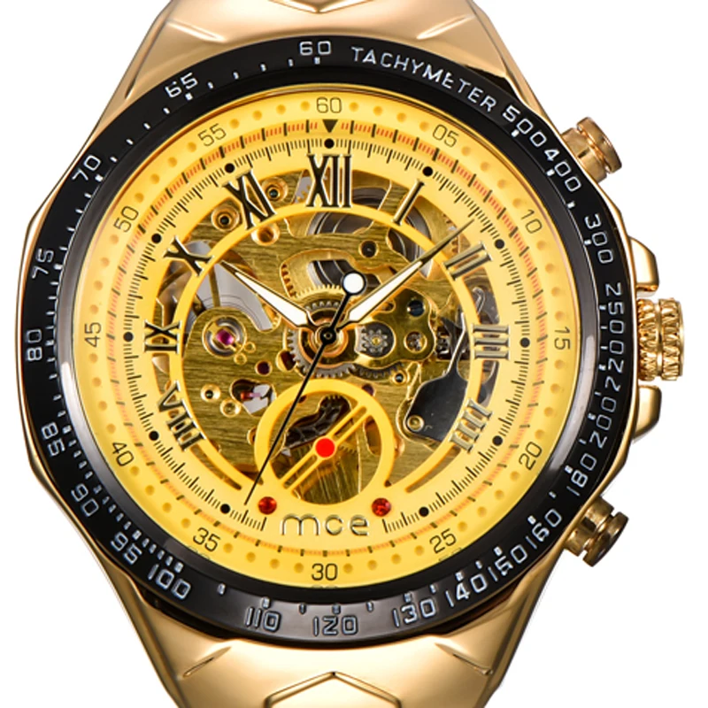 

HOT SALE MCE brand Automatic mechanical watch for Men Luxury Gold Skeleton Watches Fashion Stainless steel strap 275