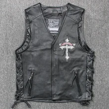 Для мужчин вышивка череп рисунок кожаный жилет натуральной воловьей кожи без рукавов Кожаные куртки в стиле панк мотоциклетные жилет короткий тонкий