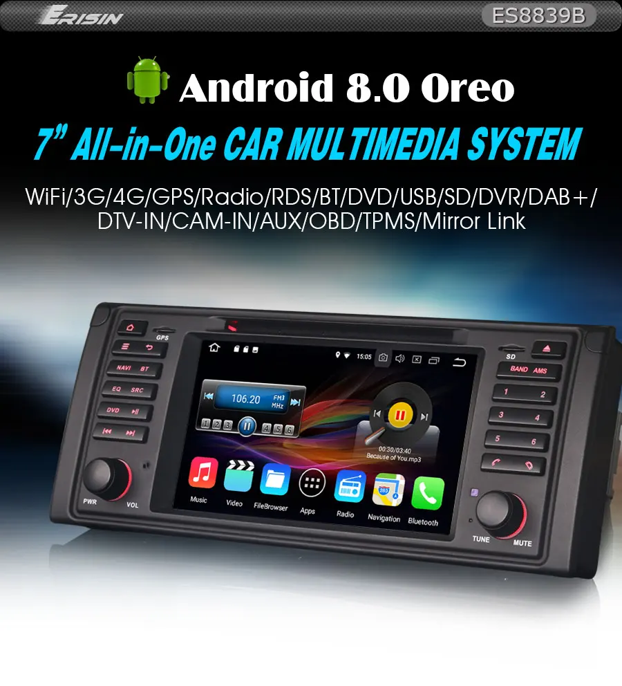 Clearance Erisin ES8839B 7" Android 8.0 Octa core 4G RAM Car DVD for BMW 5 Series E39 E53 X5 M5 0