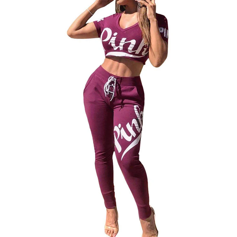2019 2 Pieces Set Women Pink Letters Print V Neck Short Sleeve Crop Top And Long Trousers Femme Pants Outfits Women Tracksuit 2019 2 Pieces Set Women Pink Letters Print V Neck Short Sleeve Crop Top And Long Trousers Femme Pants Outfits Women Tracksuit