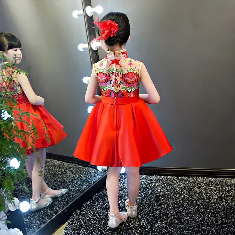 Новинка года; китайское платье принцессы Ципао с принтом для девочек; летнее красное платье без рукавов для свадьбы, дня рождения, вечеринки; детское платье Ципао