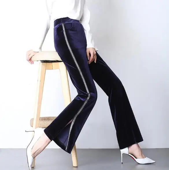 

Elegant Women Velour Pants Autumn Winter Loose Plus Size Casual Long Trousers High Waist Side Split Up Striped Patonlon Femme