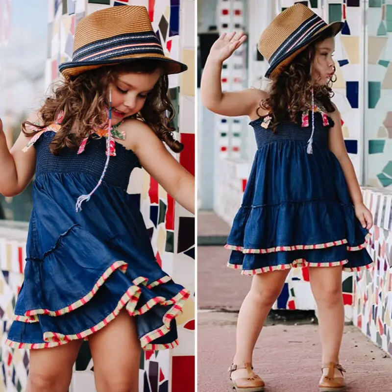 

1-6Y Toddler Kids Baby Girls Sleeveless Dress Denim Strap Party Dresses Sundress