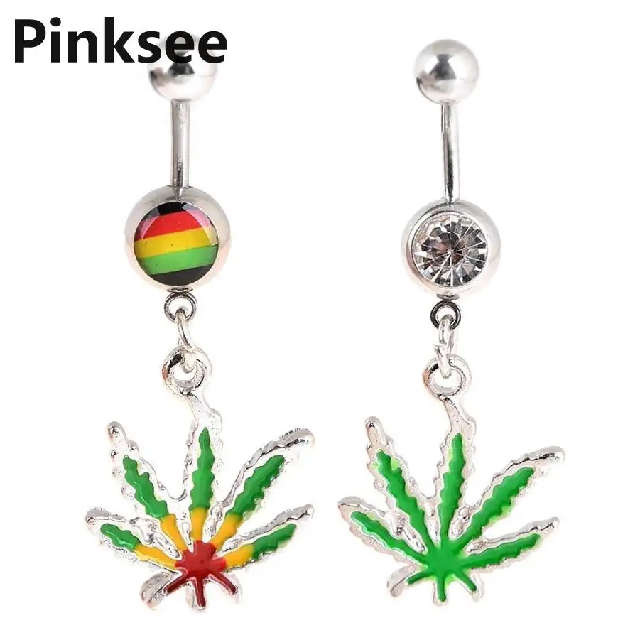

1PC Green Maple Leaf Belly Navel Ring Leaves Weed Dangle belly Button Body Piercing Jewelry Surgical steel Bar