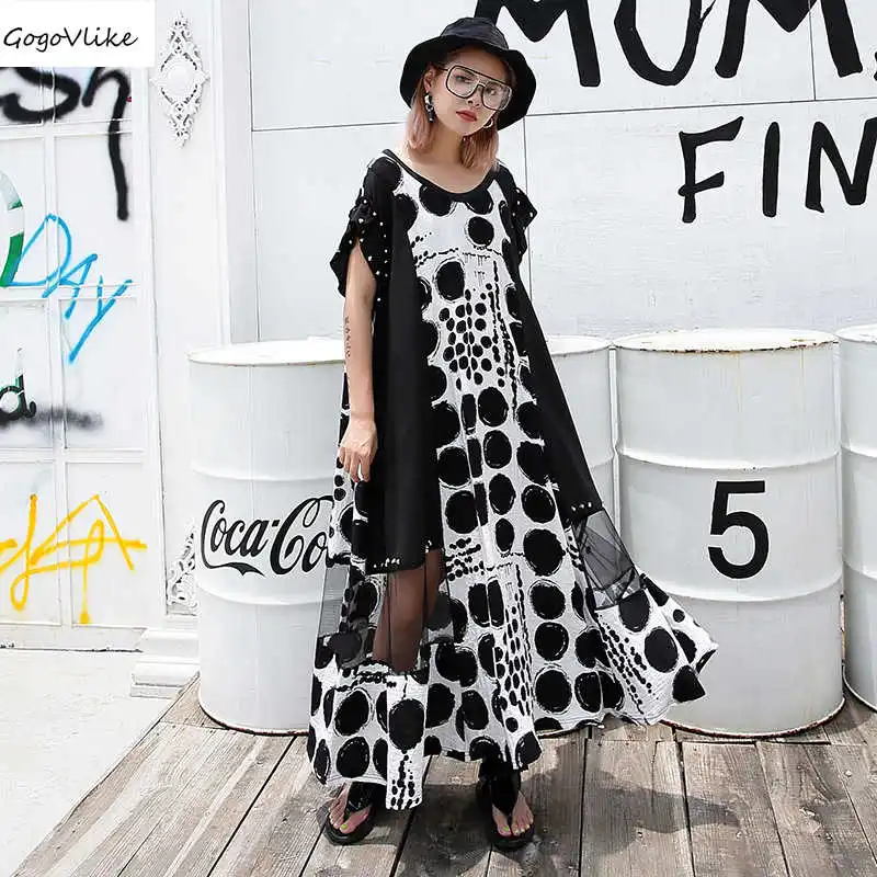 

Polka Dot Shirt Dress Mesh Spliced Large Size 2019 Women Shirt Dress Plus Size Short Sleeve Pregnant Women clothing LT214S30