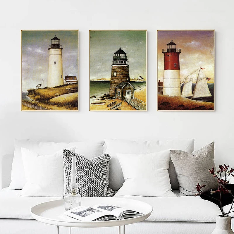 

NEWBILITY Lighthouse Old Photo Painting Retro Nostalgic Landscape Posters and Prints Bedroom Wall Decoration Study Classical Art