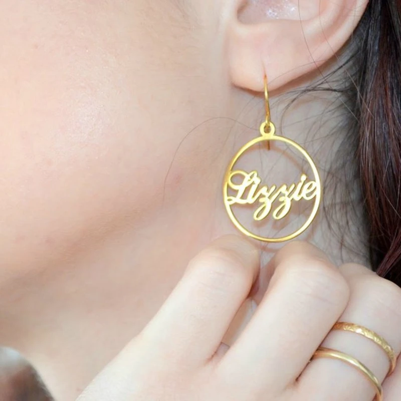 

Personalized Name Earrings For Women Girl Oorbellen Stainless Steel Eardrop Gold Filled Circle Custom Name Drop Earrings Jewelry