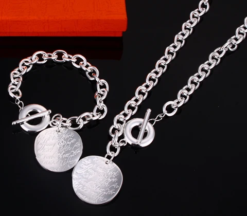 Min order 10 usd! Free shipping! Wholeale silver bend Round pendant letter print jewelry bracelet+necklace set SS51 | Украшения и