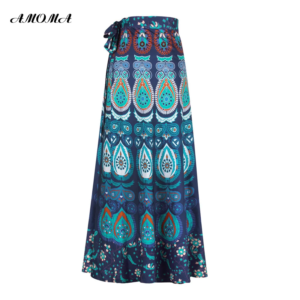 

AMOMA Women Indie Folk Wrap Skirt High Waist Side Split Floral Print Casual Tie Up Wrap-around Maxi Skirt