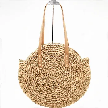 

New Natural Ladies Tote large handbag hand-woven big straw bag round popularity straw Women Shoulder Bag beach holiday bag L3