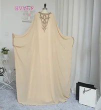 2017 A-line Long Sleeve Champagne Chiffon Crystal Muslim Evening Dresses Islamic Dubai Abaya Kaftan Long Evening Gown Prom Dress
