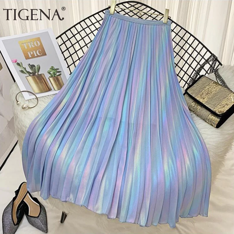 

TIGENA Gradient Color Fashion Pleated Long Maxi Skirt Women Fashion 2019 Summer Casual High Waist Chiffon Sun Skirt Female Blue