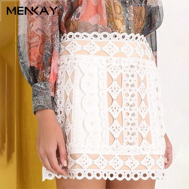 

[MENKAY] Elegant Beading Patchwork Skirt For Women High Waist Slim Hollow Out Mini Skirts Female Fashion Clothes 2019 Summer