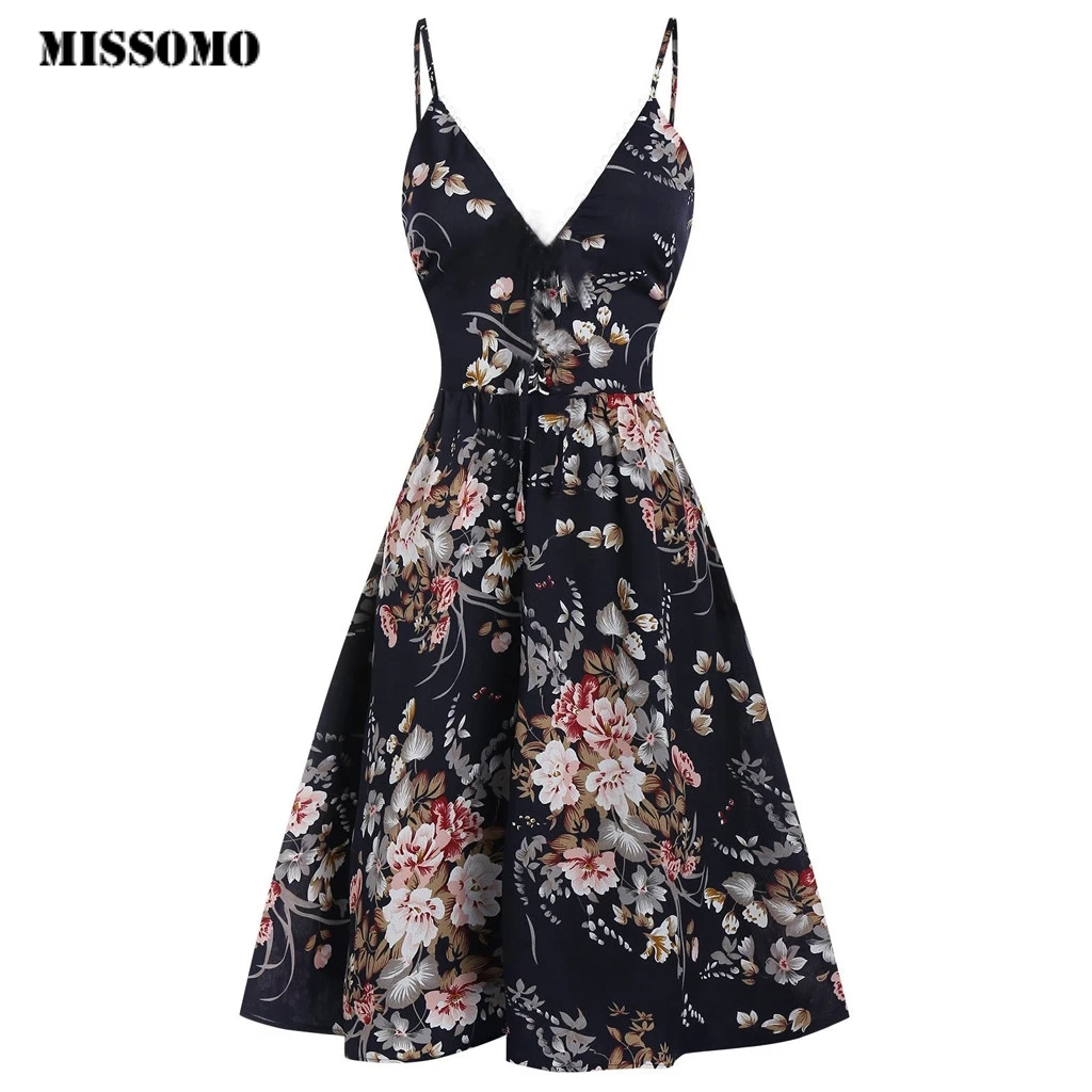 

MISSOMO Boho Dress Women Floral Printed Camis V-Neck Party Dress Sleeveless Flower Print Casual mini summer Dress 2019 626