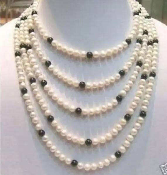 

AAA 8-9MM CHARMING WHITE BLACK PEARL NECKLACE 100inch yellow CLASP