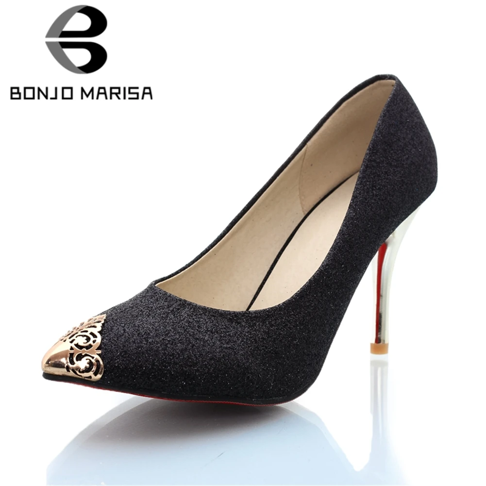 

BONJOMARISA New Arrival 32-43 Sexy Women Pumps Sequined Cloth Pointed Toe 9cm Thin High Heels Office Shoes Woman 3 Colors