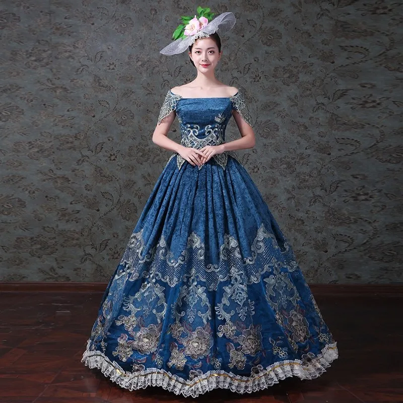 

Victorian Slash Neck Short Sleeve Floral Printing vintage blue royal embroidery medieval dress Renaissance ball gown Dress