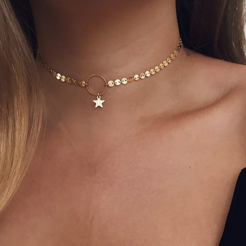 

Fashion Metal Titanium Steel Cosplay 3 Loops Necklace Korean-Style Gold the Moon Stars Necklace Five-Pointed Star Choker Sweater
