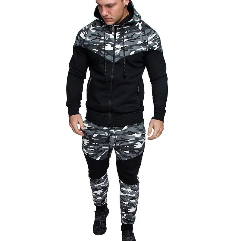 ZOGAA 2019 Camouflage Printed Men Set Causal Patchwork Jacket Men 2Pcs Tracksuit Sportswear Hoodies Sweatshirt Pants Jogger Suit