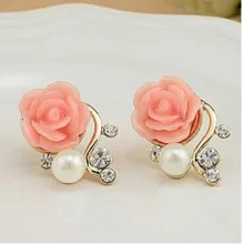 Korean Fashion Jewelry Exaggerated Earrings New Style Korean Women Ol Pink Rose Imitation Pearl Crystal Earrings