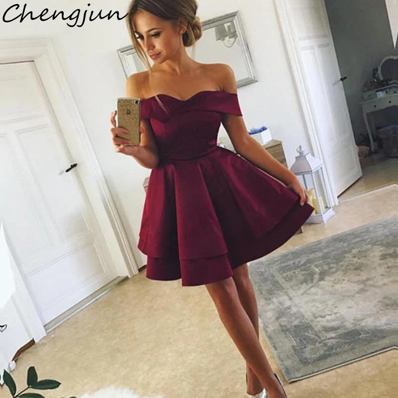 

Chengjun Off Shoulder Sweetheart A Line Burgundy Satin Short Evening Dress 2019
