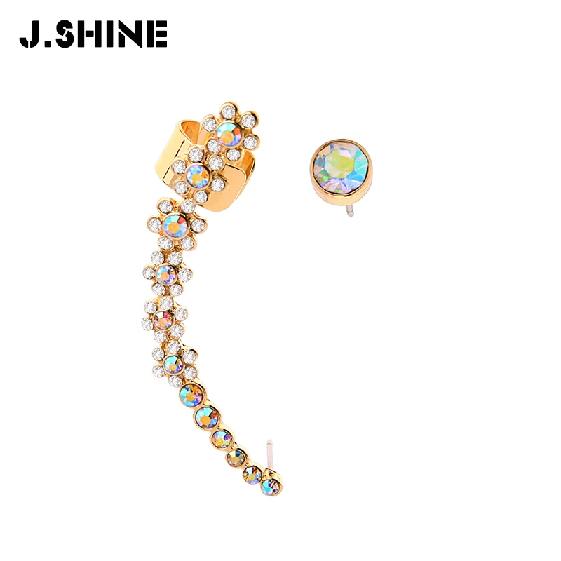 

JShine Trendy Long Colorful Shiny Crystal Flower Stud Earrings For Women Korean Asymmetric Stud Earrings Fashion Jewelry