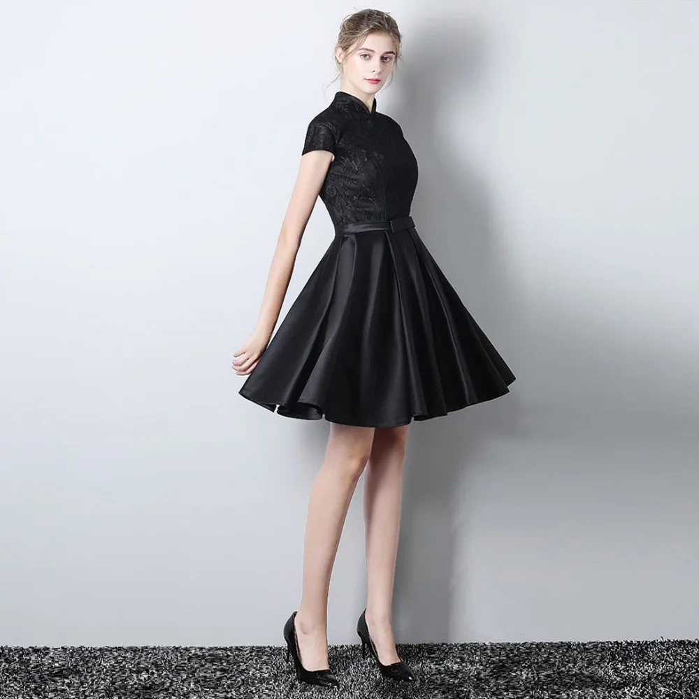 CEEWHY, винтажное маленькое черное платье с коротким рукавом и высоким воротником, короткое платье для свадебной вечеринки, Платье До Колена, коктейльное платье с коротким рукавом для выпускного вечера