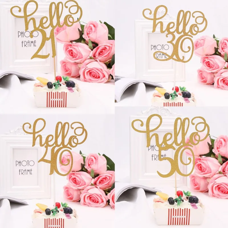 Топпер для торта 15 х20 см под золото с рисунком Hello 21 30 40 50 60 украшение на свадьбу