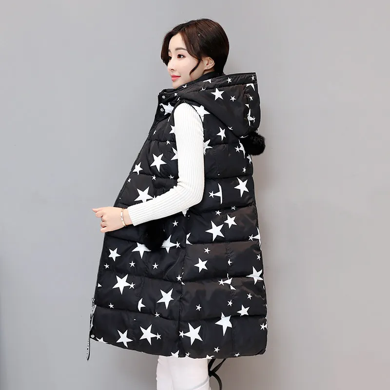 Stars Print Winter Vest Women Hooded Waistcoat Thicken Cotton Long Vest Jacket Colete Feminino Winter Jacket Pus Size 3XL C3734