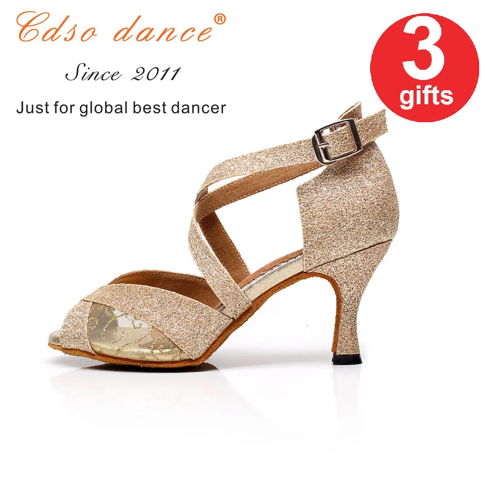 Cdso/Танцевальная Брендовая обувь; коллекция 10237 года; женская обувь для бальных/латинских танцев на каблуке под заказ; женская танцевальная обувь; обувь для сальсы - Цвет: goldglitter 75mm