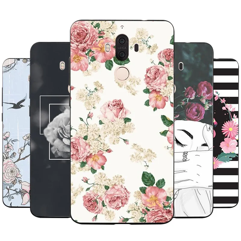 Luxury Black Phone Case For Huawei Mate 9 Cases Flower Leaf Pattern Soft Silicone TPU Printed Back Cover Mate9 |