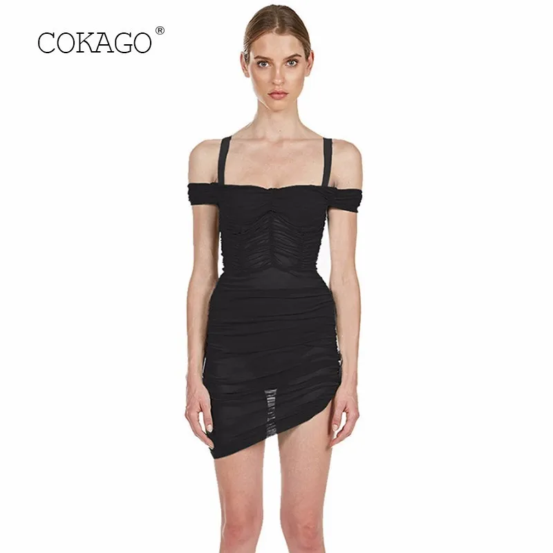 

COKAGO Spaghetti Strap Black mesh dress Women Summer Dress Sleeveless Sexy see through Mini sexy club Dresses woman party night