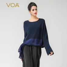 VOA, темно-синий и темно-синий светильник, лоскутные футболки, новые футболки с длинным рукавом и круглым вырезом, женские повседневные свободные топы B7355