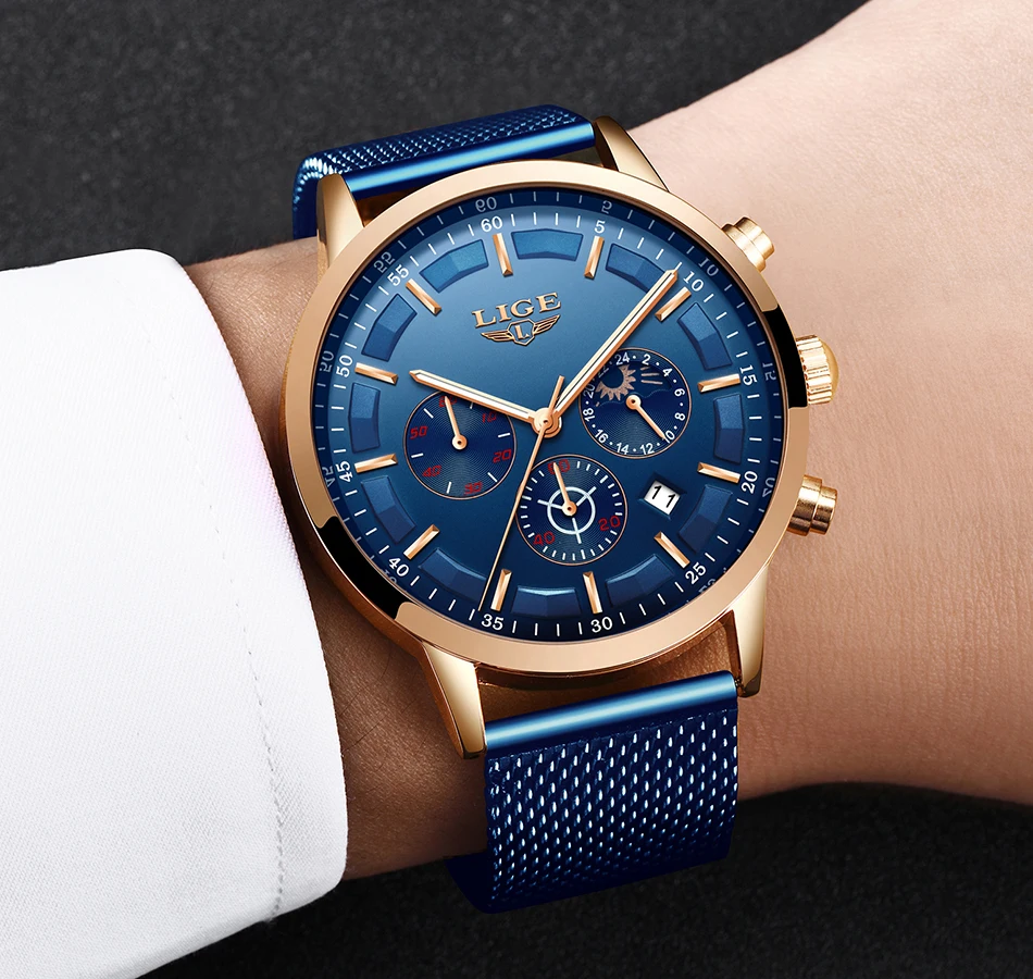 Relogio Masculino LIGE Роскошные Кварцевые часы для мужчин синий циферблат часы спортивные часы фаза Луны хронограф сетка ремень наручные часы