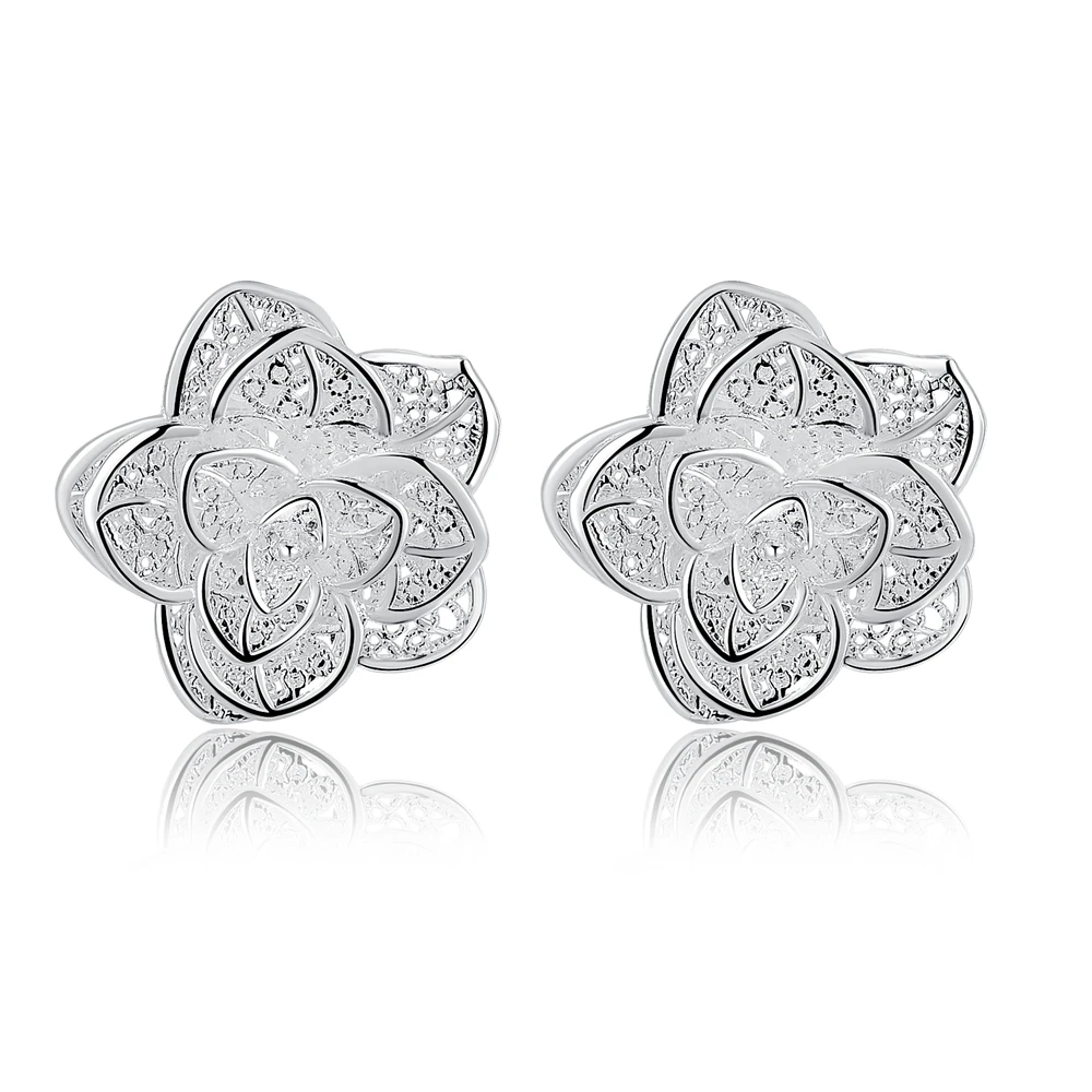 

2016 NEW ARRIVE hot sale silver color women Lady flower stud earring jewelry with gift box best gift lowest price