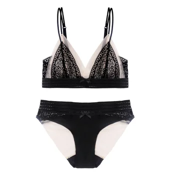 

Women Lingerie Set Sexy Bralete Lace Bra and Panty Set Ultra-thin Temptation Hollow Underwear Contrast Color Lenceria Femenina