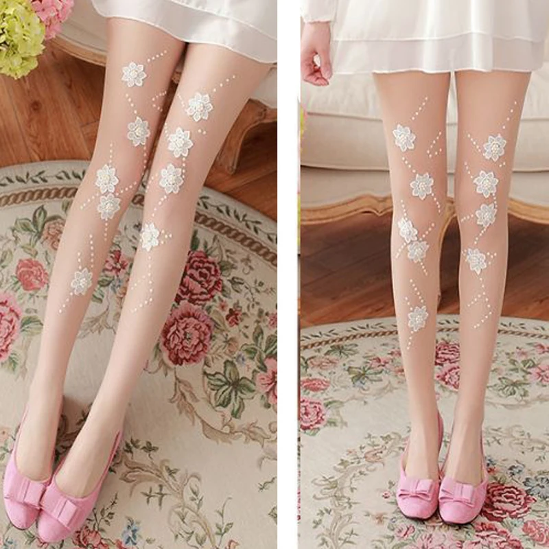 

Summer Women Sexy Pantyhose White Flower Applique Silk Stockings Ultra Thin Transparent Slim Tights Lady Elastic Stockings CK131