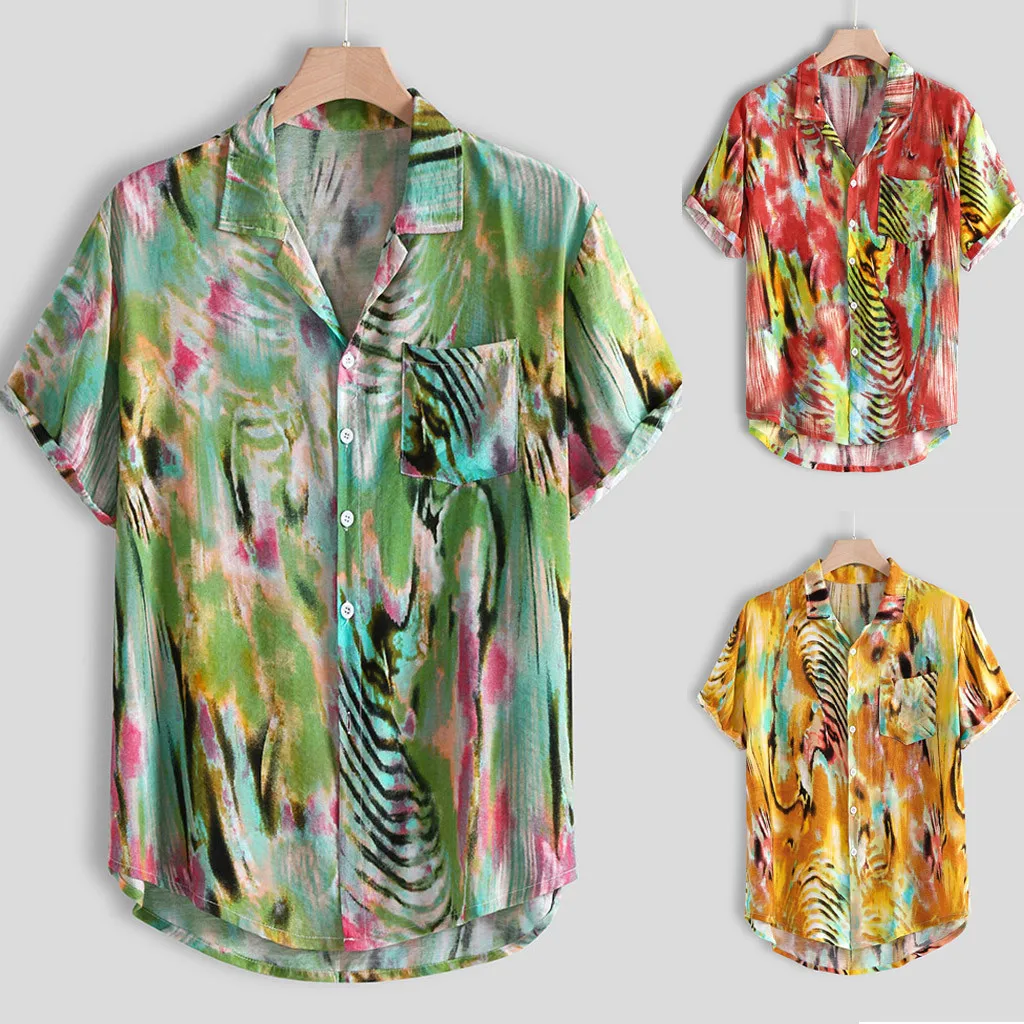 

hawaiian shirt men Casual Shirts men shirt short sleeve Chest Pocket Short Sleeve Round Hem Loose Shirts Blouse T709