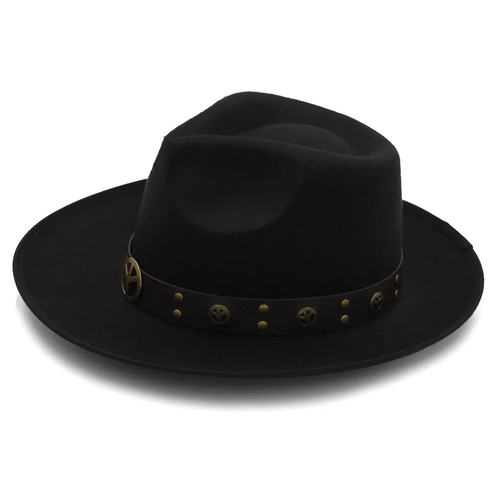 Black Модная женская мужская фетровая Вуалетка Fedora Шляпа с широким джазования с полями шляпа джентльмен Панама Sombrero шляпа Панк Пояс размер 58 см - Цвет: Black