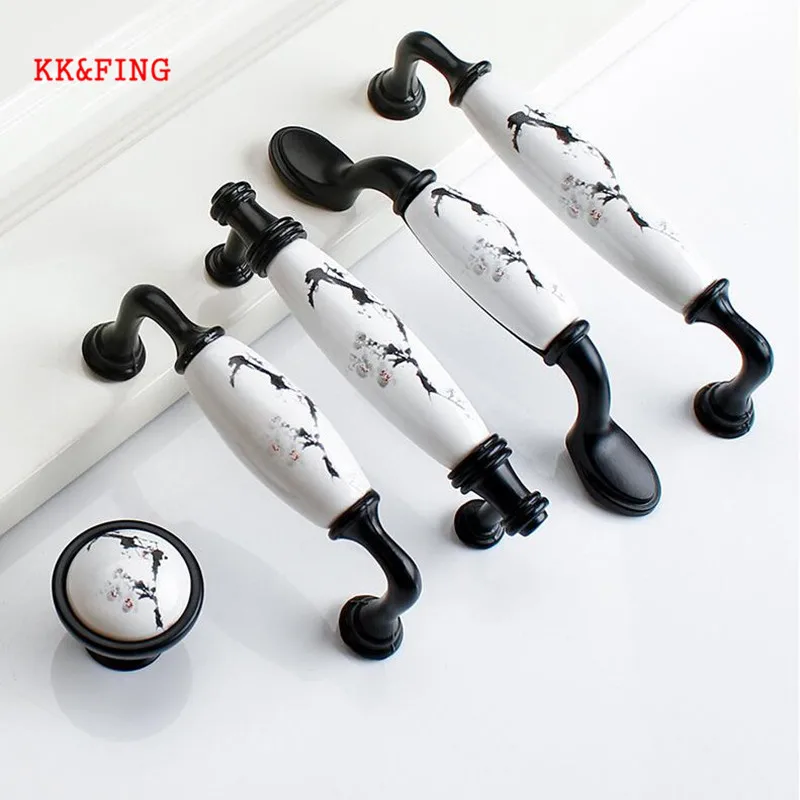 

KK&FING New Ink Plum Ceramic Handles Zinc Alloy Pulls Cabinet Drawer Knobs Closet Wardrobe Door Black Ceramic Single hole Handle