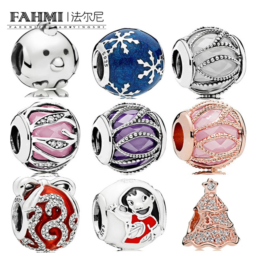 

FAHMI 100% 925 Sterling Silver Cute Chick Snowflake Intertwined Love Rose Gold Christmas Tree Beaded DIY Bracelet