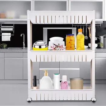 

3-Tier Gap Storage Slim Slide Out Tower Rack Shelf Wheels Laundry Bathroom Kitchen Tool Skating Movable Plastic Household Shelf